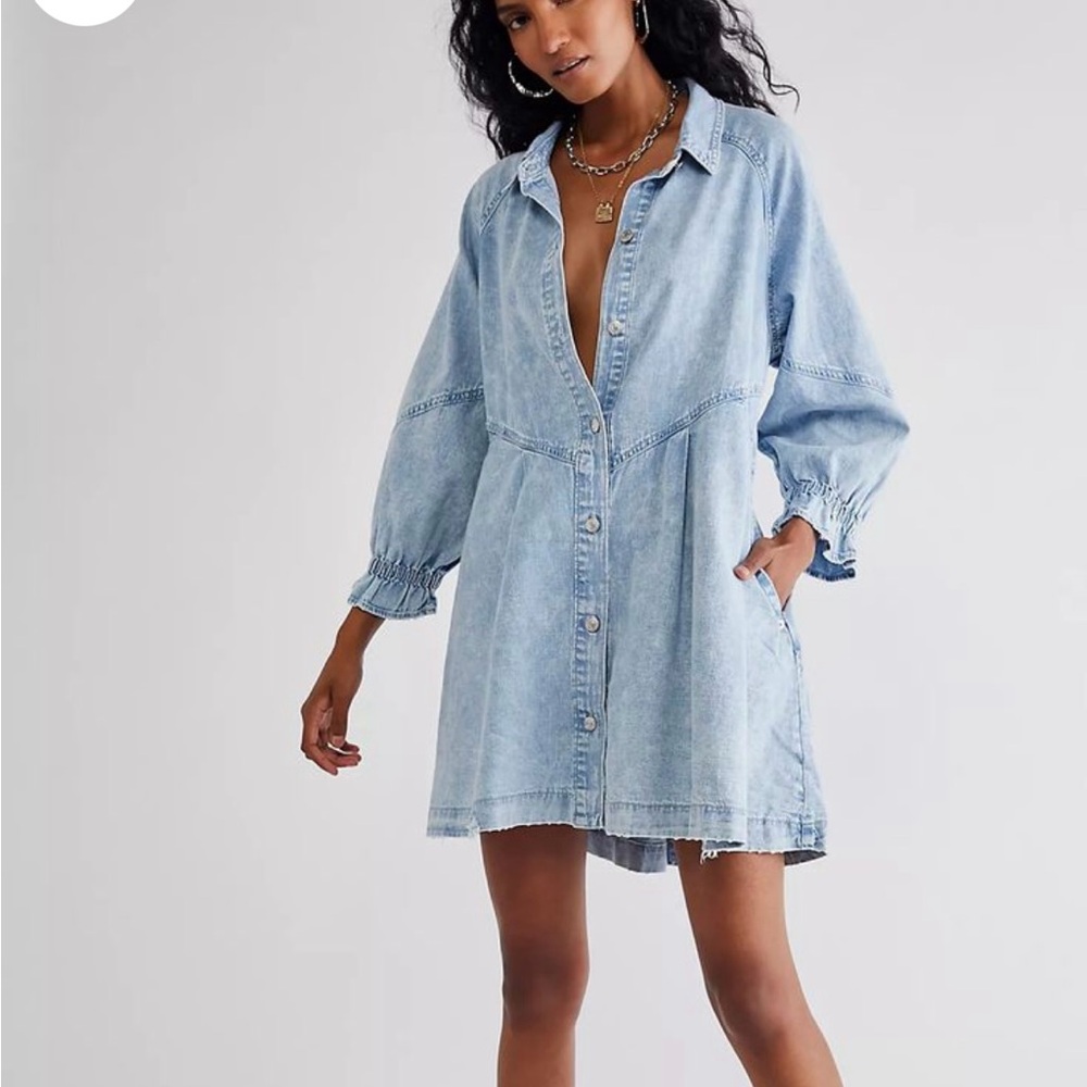 We The Free Light Blue Denim Long Sleeve Shirt Dress